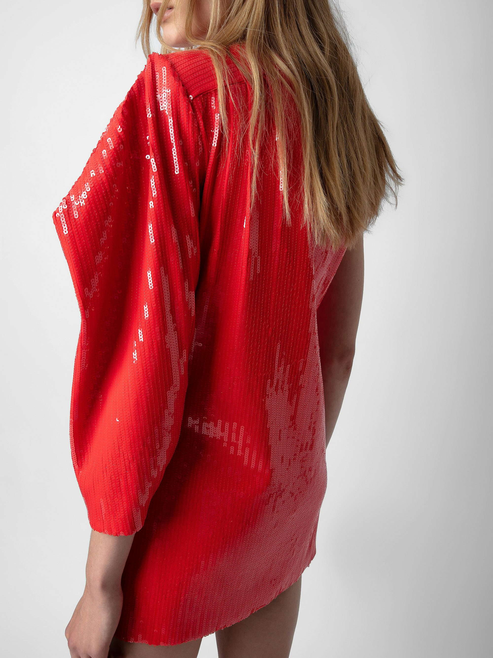 Roely Sequin Dress - Short red sequin dress with draped asymmetric sleeve.